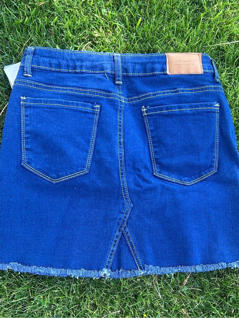 Dark Blue Denim Mini Skirt with Frayed Hem NWT - Picture 3 of 6